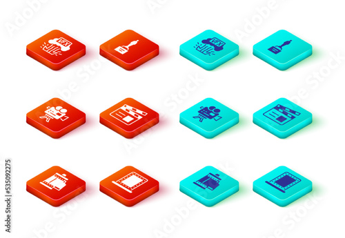 Set Camera roll cartridge, Makeup mirror with lights, Retro cinema camera, Movie clapper, trophy and VFX icon. Vector