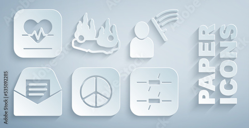 Set Peace, Police beat human, Mail and e-mail, Barbed wire, Burning car and Heart rate icon. Vector