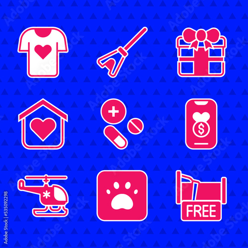 Set Medicine pill or tablet, Paw print, Free overnight stay house, Donation and charity, Rescue helicopter, Shelter for homeless, Gift box and Clothes donation icon. Vector