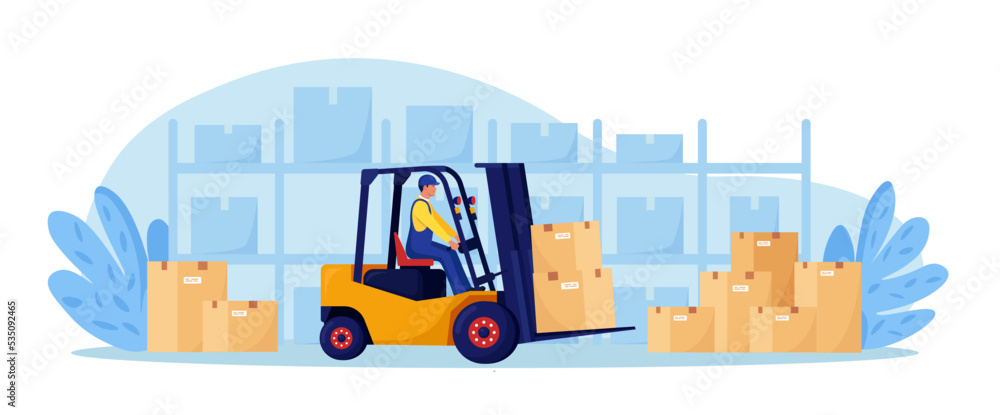 Yellow forklift truck with driver, electric uploader. Industrial logistics, delivery service. Storage equipment. Warehouse workers loading, stacking goods with electric lifters. Merchandising business