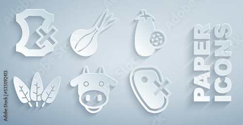Set Cow head, Eggplant, Leaf, No meat, Onion and leather icon. Vector