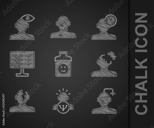 Set Antidepressants, Psychology, Concussion, headache, Solution problem in psychology, Encephalogram, Insomnia and icon. Vector