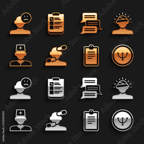Set Sedative pills, Concussion, headache, Psychology, Psychological test, Male doctor, Online psychological counseling, Sad and depressed man, bad mood and icon. Vector