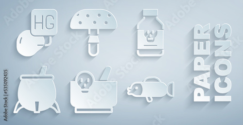 Set Mortar and pestle, Poisoned pill, Witch cauldron, Puffer fish, Fly agaric mushroom and Drop of mercury icon. Vector