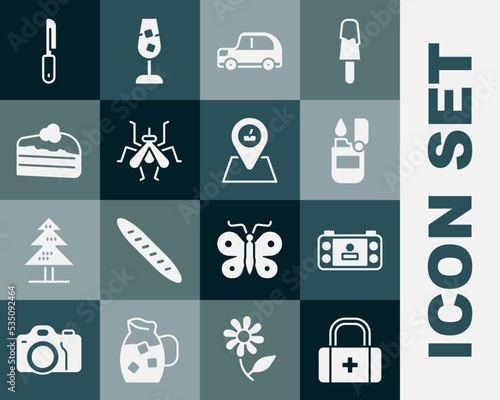 Set First aid kit, Portable video game console, Lighter, Car, Mosquito, Piece of cake, Knife and Picnic location icon. Vector