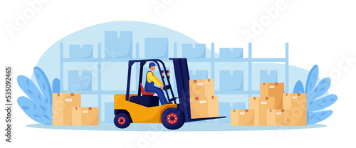 Yellow forklift truck with driver, electric uploader. Industrial logistics, delivery service. Storage equipment. Warehouse workers loading, stacking goods with electric lifters. Merchandising business