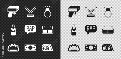 Set Money gun, Rapper chain, Diamond ring, Brass knuckles, Stacks paper money cash, Drum machine music, Beer bottle and icon. Vector