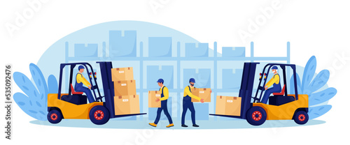Yellow forklift truck with driver, electric uploader. Industrial logistics, delivery service. Storage equipment. Warehouse workers loading, stacking goods with electric lifters. Merchandising business