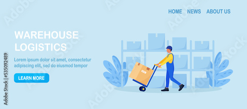 Warehouse worker pushing hand cart with effort, man moving pushcart. Carrier carrying goods in cardboard boxes on dolly. Loader with cargo on trolley. Logistics and delivery service. Storage equipment