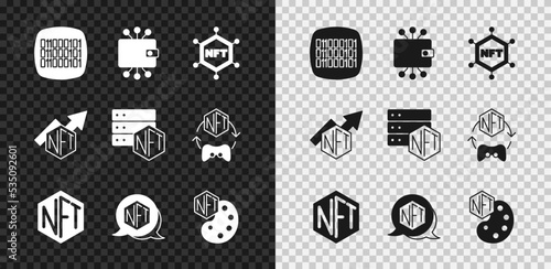 Set Binary code, Cryptocurrency wallet, NFT blockchain technology, Digital crypto art, growth bar chart and icon. Vector