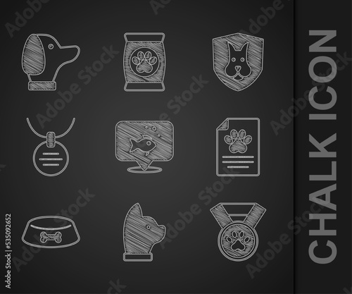 Set Fish, Cat, Pet award symbol, Medical clinical record pet, food bowl for cat dog, Collar with name tag, Animal health insurance and Dog icon. Vector