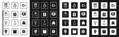 Set Punch in boxing glove, Boxing, Sport mechanical scoreboard, gong, Stopwatch, short and ring icon. Vector