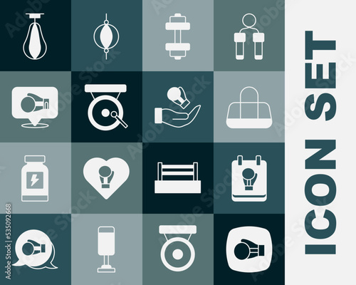 Set Boxing glove, Sport bag, Dumbbell, gong, Punching and icon. Vector