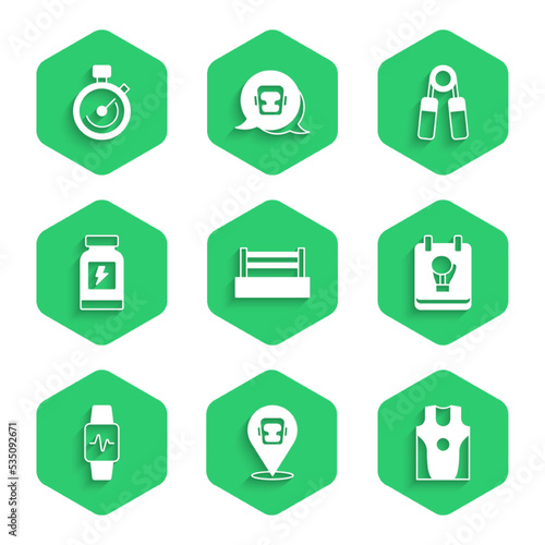 Set Boxing ring, helmet, jersey and t-shirt, glove, Smart watch with heart, Energy drink, Sport expander and Stopwatch icon. Vector