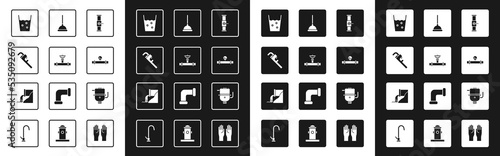 Set Industry pipe and valve, Pipe adjustable wrench, Glass with water, manometer, Rubber plunger, Electric boiler for heating and Wastewater icon. Vector