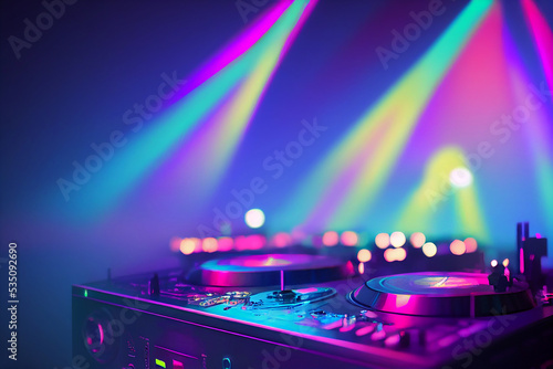 DJ audio mixer controller for mixing of electronic music in a nightclub party. Selective Focus. 2D Illustration. photo