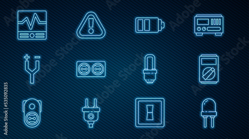 Set line Light emitting diode, Multimeter, Battery charge level indicator, Electrical outlet, cable, measuring instruments, LED light bulb and Exclamation mark triangle icon. Vector