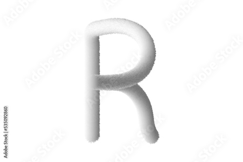 Feathered letter R. Easy editable letters. Soft and realistic feathers. White, fluffy, hairy letter R, isolated on a white background.