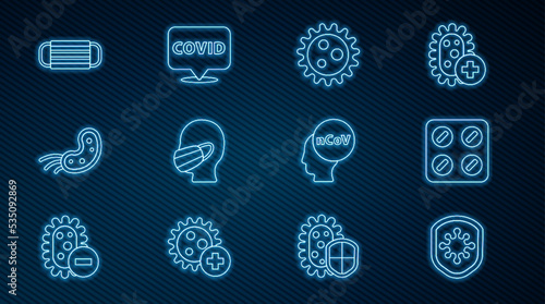 Set line Shield protecting from virus, Pills blister pack, Virus, Face medical protective mask, Medical, Corona 2019-nCoV and covid-19 location icon. Vector