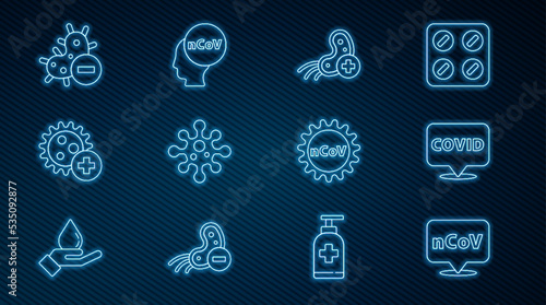 Set line Corona virus 2019-nCoV on location, covid-19, Positive, Virus, Negative, and icon. Vector