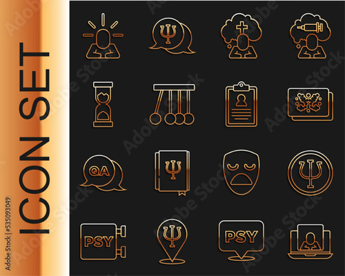 Set line Psychologist online, Psychology, Psi, Rorschach test, Man graves funeral sorrow, Pendulum, Old hourglass, Depression and Medical clipboard icon. Vector