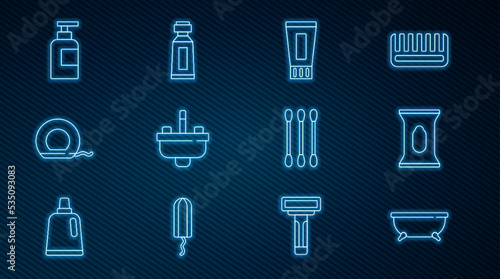 Set line Bathtub, Wet wipe pack, Tube of toothpaste, Washbasin with water tap, Dental floss, Bottle shampoo, Cotton swab for ears and icon. Vector