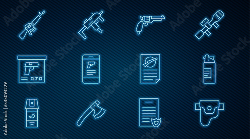 Set line Gun in holster, Weapons oil bottle, Revolver gun, Shop weapon mobile app, Military ammunition box, M16A1 rifle, Firearms license certificate and MP9I submachine icon. Vector