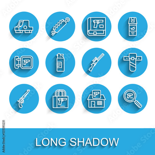Set line Revolver gun, Buying pistol, Collimator sight, Hunting shop weapon, Pistol search, Weapons oil bottle, Knife holster and icon. Vector