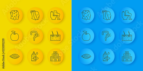 Set line Reddish eye, Apple, Gut constipation, Medical hospital building, Hair covering skin, Psoriasis or eczema rash, Constipation and Toothache icon. Vector