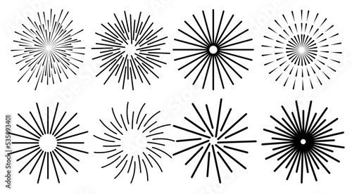 Fireworks black line set. Celebration fire firework christmas new year pyrotechnics firecracker, night festival, birthday party. Vintage sunburst bursting sun rays. Radial light beams salute sparks