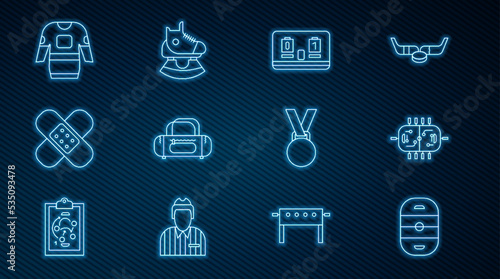 Set line Ice hockey rink, Hockey table, mechanical scoreboard, Sport bag, Crossed bandage plaster, jersey, Medal and Skates icon. Vector