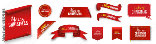Red scrolls banners, set labels Merry Christmas 