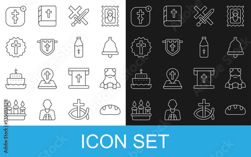Set line Bread loaf, Priest, Church bell, Crusade, Flag with christian cross, Christian, Online church pastor preaching and Holy water bottle icon. Vector