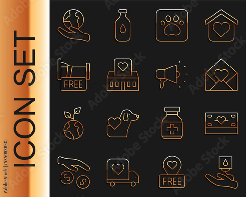 Set line Blood donation, Donation and charity, Envelope with Valentine heart, Paw print, Volunteer center, Free overnight stay house, Hand holding Earth globe and Megaphone icon. Vector