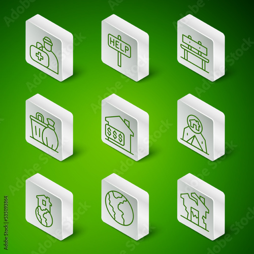 Set line Ruined house, Global economic crisis, First aid kit, House with dollar, Trash can, Ask for help text, Shelter homeless and Tourist tent icon. Vector