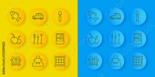 Set line Butterfly, Fruit, Grilled shish kebab on skewer, Checkered napkin, Photo frame, Fish, Spoon and Car icon. Vector