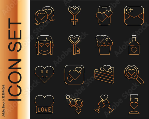 Set line Glass of champagne, Search heart and love, Bottle with potion, Dating app online mobile, Key shape, Romantic girl, Heart speech bubble and Wedding cake icon. Vector
