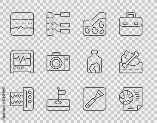 Set line Seismograph, Earth globe with document, Ground, Flag, Soil ground layers, Photo camera, Paint brush and Archeology icon. Vector