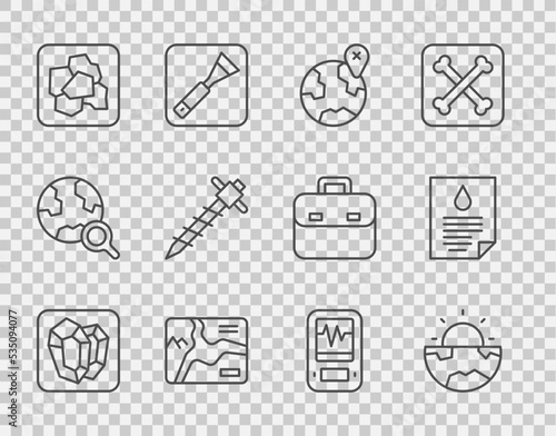 Set line Gem stone, Earth core structure crust, Location the globe, Topographic map, Gold nugget, Construction jackhammer, Seismograph and Oil drop document icon. Vector