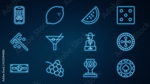 Set line Casino chips, roulette wheel, slot machine with watermelon, Martini glass, Stick for, poker tournament invitation, Poker player and lemon icon. Vector
