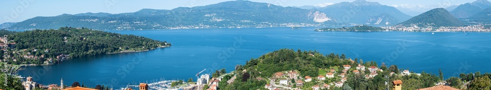 Extra wide aerial view of the Lake Maggiore and the Gulf Borromeo and Laveno