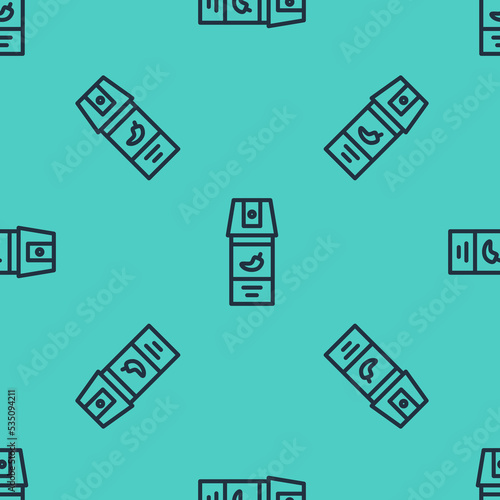 Black line Pepper spray icon isolated seamless pattern on green background. OC gas. Capsicum self defense aerosol. Vector
