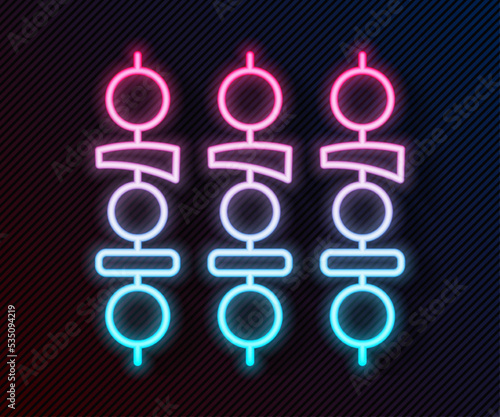 Glowing neon line Grilled shish kebab on skewer stick icon isolated on black background. Meat kebab on skewer stick. Picnic with grilled meat. Vector
