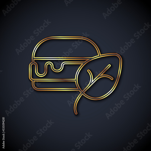 Gold line Vegan food diet icon isolated Gold line background. Organic, bio, eco symbol. Vegan, no meat, lactose free, healthy, fresh and nonviolent food. Vector