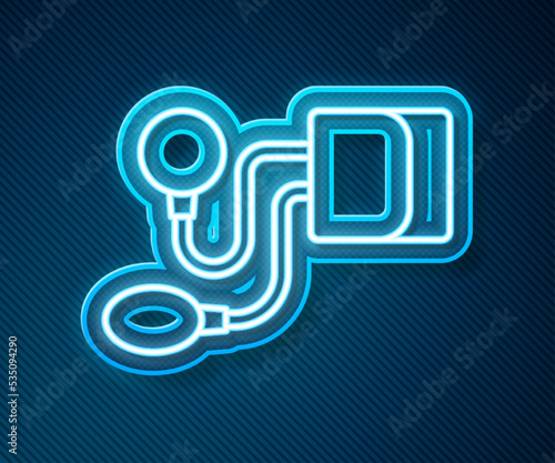 Glowing neon line Blood pressure icon isolated on blue background. Vector