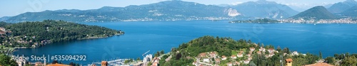 Extra wide aerial view of the Lake Maggiore and the Gulf Borromeo and Laveno