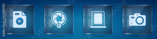 Set AVI file document, Camera shutter, Makeup mirror with lights and Photo camera. Square glass panels. Vector