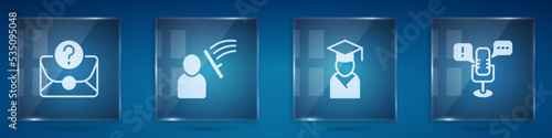 Set Envelope with question mark, Police beat human, Graduate and graduation cap and Freedom of speech. Square glass panels. Vector