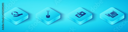 Set Isometric Hand holding Earth globe, Shovel, Free overnight stay house and Volunteer id card or badge icon. Vector