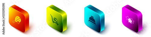 Set Isometric Tennis racket with ball, Trolley suitcase, Hotel service bell and Stars rating icon. Vector